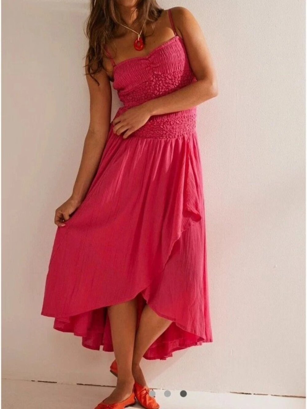 Free People Sparkling Drop-Waist Moment Midi Dress Smocked Cotton Pink S 291082